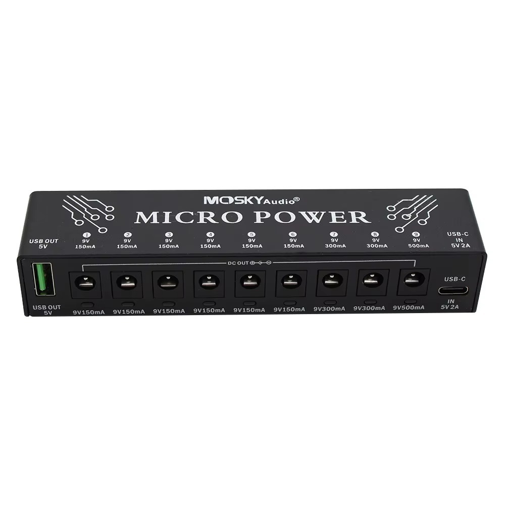 Mosky Micro Power Supply 9 เอาต์พุต DC +1 เอาต์พุต USB สําหรับ 9V 150-300mah กีตาร์เหยียบ
