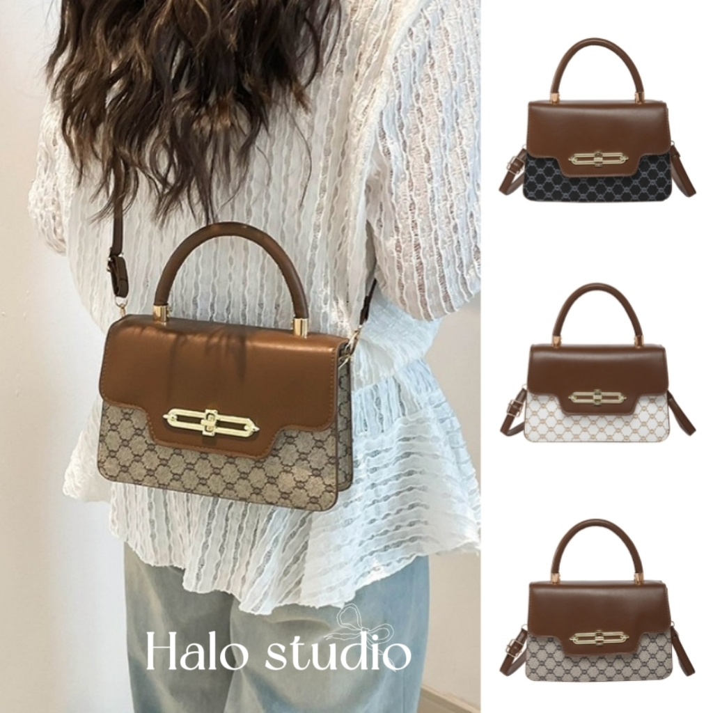 Halo studio พร้อมส่ง🔥กระเป๋าสะพายไหล่ Messenger สี Contrast พิมพ์ล็อค Flap กระเป๋าสี่เหลี่ยมเล็ก