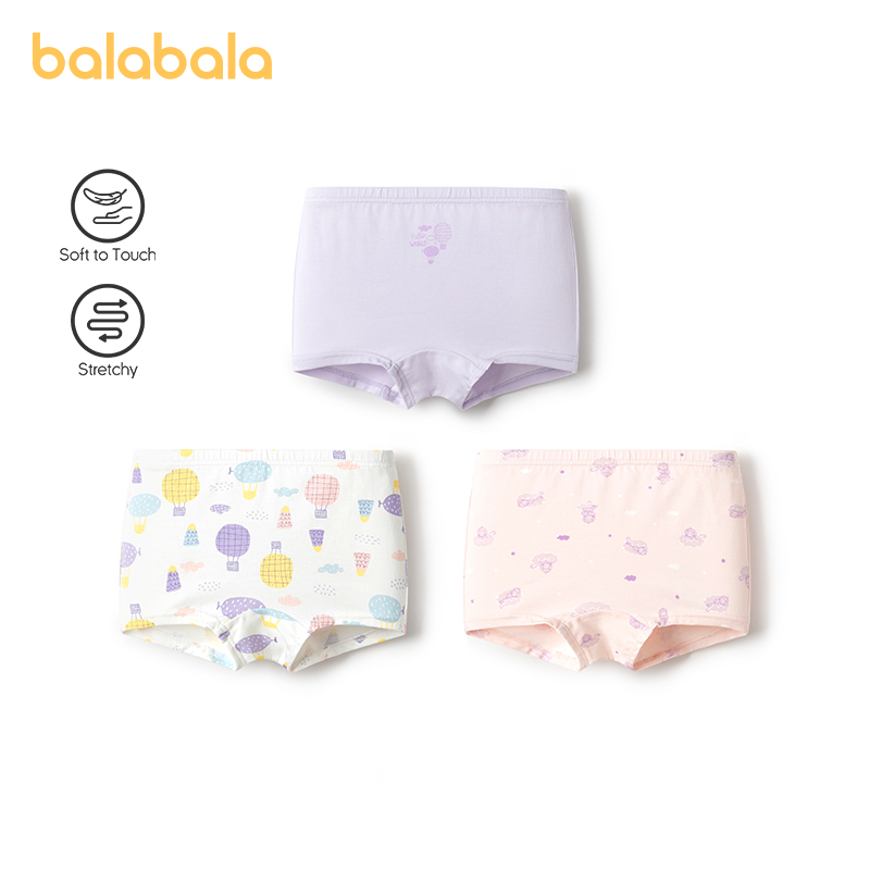 Balabala กางเกงบ็อกเซอร์เด็กผู้หญิง ผ้าฝ้ายยืดหยุ่น (แพ็ค 3 ตัว) ผ้านุ่มระบายอากาศ อ่อนโยนต่อผิว ใส่สบายสไตล์น่ารัก เหมาะสำหรับใส่ซับในและใส่ทุกวัน