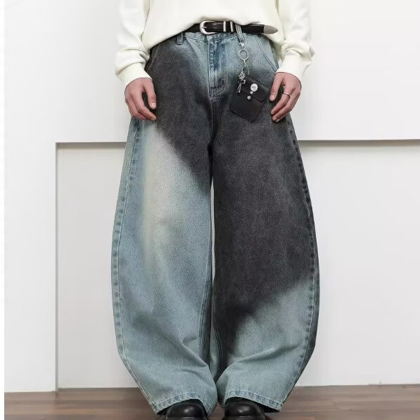 HANLU กางเกงยีนส์ขากว้างสําหรับผู้ชายและผู้หญิงพร้อมการล้างไล่ระดับสําหรับแฟชั่นเยาวชน