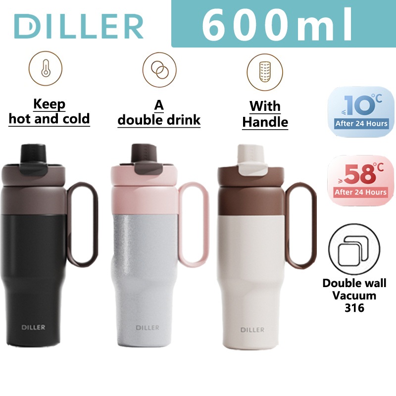 Diller Coffee Tumbler Thermos Mug Straw SUS316 สแตนเลส Travel Cup ขวดน้ํา 600ml D9279