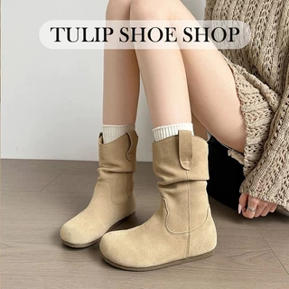 TULIP SHOE รองเท้าบูทหุ้มข้อส้นเเบน(เเถมพื้นเสริมส้น) วัสดุPU ฤดูใบไม้ร่วงเเละฤดูหนาว สไตล์เกาหลี