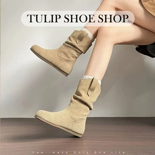 TULIP SHOE รองเท้าบูทหุ้มข้อส้นเเบน(เเถมพื้นเสริมส้น) วัสดุPU ฤดูใบไม้ร่วงเเละฤดูหนาว สไตล์เกาหลี