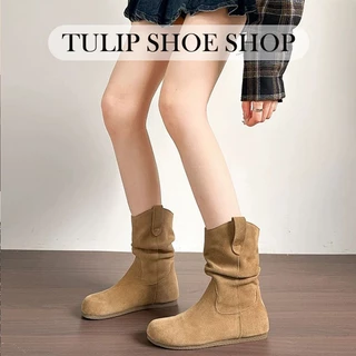 TULIP SHOE รองเท้าบูทหุ้มข้อส้นเเบน(เเถมพื้นเสริมส้น) วัสดุPU ฤดูใบไม้ร่วงเเละฤดูหนาว สไตล์เกาหลี