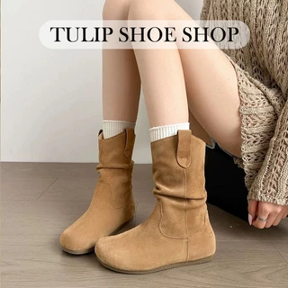 TULIP SHOE รองเท้าบูทหุ้มข้อส้นเเบน(เเถมพื้นเสริมส้น) วัสดุPU ฤดูใบไม้ร่วงเเละฤดูหนาว สไตล์เกาหลี