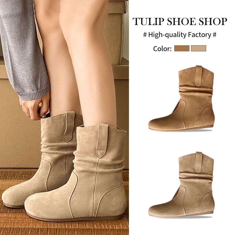 TULIP SHOE รองเท้าบูทหุ้มข้อส้นเเบน(เเถมพื้นเสริมส้น) วัสดุPU ฤดูใบไม้ร่วงเเละฤดูหนาว สไตล์เกาหลี