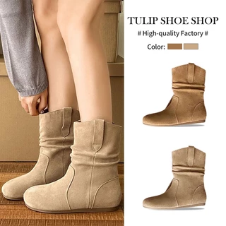 TULIP SHOE รองเท้าบูทหุ้มข้อส้นเเบน(เเถมพื้นเสริมส้น) วัสดุPU ฤดูใบไม้ร่วงเเละฤดูหนาว สไตล์เกาหลี