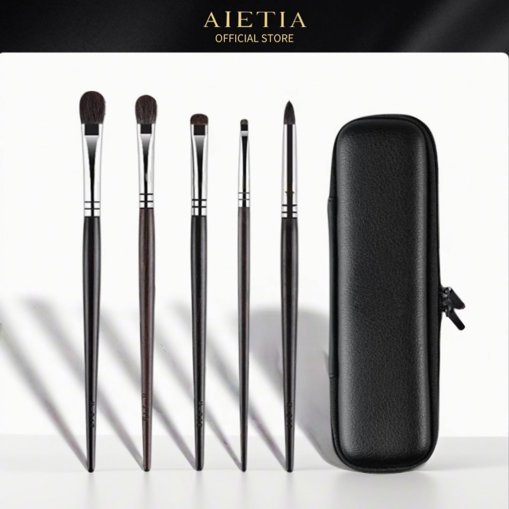 AIETIA 5PCs Daily Utility อายแชโดว์ชุดแปรงแต่งหน้ากระเป๋าแปรงสัตว์ผมขนสัตว์ Eye แปรงธรรมชาติ Ebony Handle แปรงแต่งหน้าคุณภาพสูงสําหรับ Eye Make Up