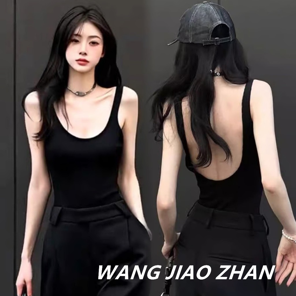 【WJZ】เสื้อกล้ามแขนกุดเปิดหลังเซ็กซี่สำหรับผู้หญิง สีดำ (มีแผ่นเสริมหน้าอก)【L8826】