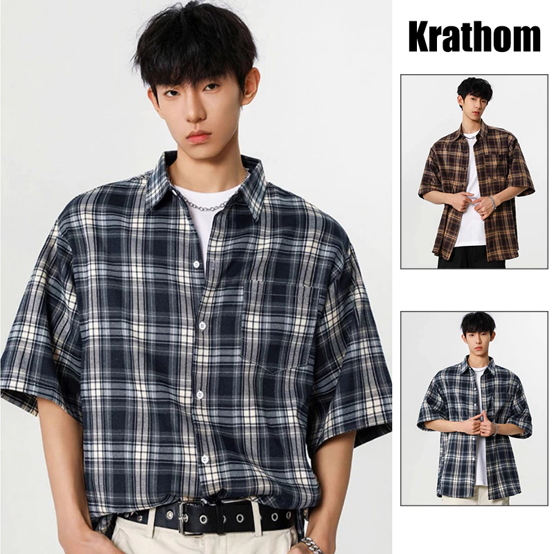 เสื้อเชิ้ตแขนสั้นลายหมากรุกสไตล์เกาหลีสําหรับผู้ชาย - เสื้อท็อปทรงหลวมลําลองแฟชั่นอินเทรนด์และอเนกประสงค์