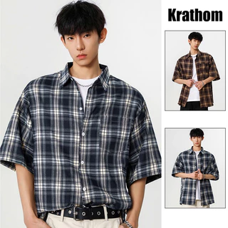 เสื้อเชิ้ตแขนสั้นลายหมากรุกสไตล์เกาหลีสําหรับผู้ชาย - เสื้อท็อปทรงหลวมลําลองแฟชั่นอินเทรนด์และอเนกประสงค์