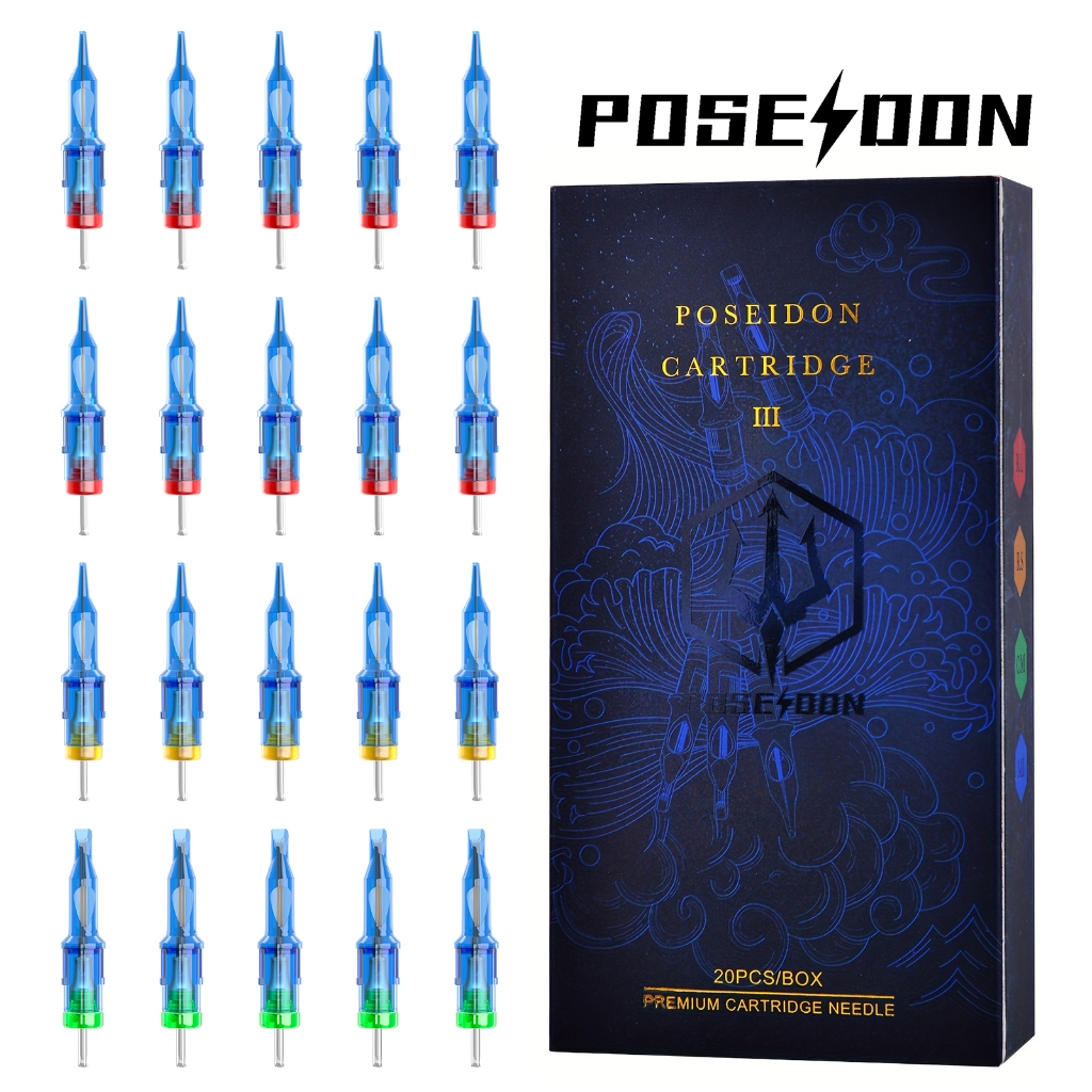 เข็มตลับสัก POSEIDON อุปกรณ์เสริมเครื่องสัก 20 ชิ้น/กล่อง #12 มาตรฐานสารพันทิ้ง,0.35 มม.เข็มสัก RL/CM/RS/M1 อุปกรณ์สักสําหรับศิลปิน
