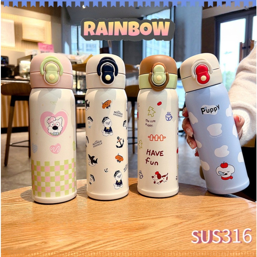 RAINBOW CUP แก้วน้ํา แก้วสแตนเลส แก้วพกพา แก้วน้ำลายการ์ตูนน่ารักพร้อมมาตรวัดความจุ SUS316 500ml