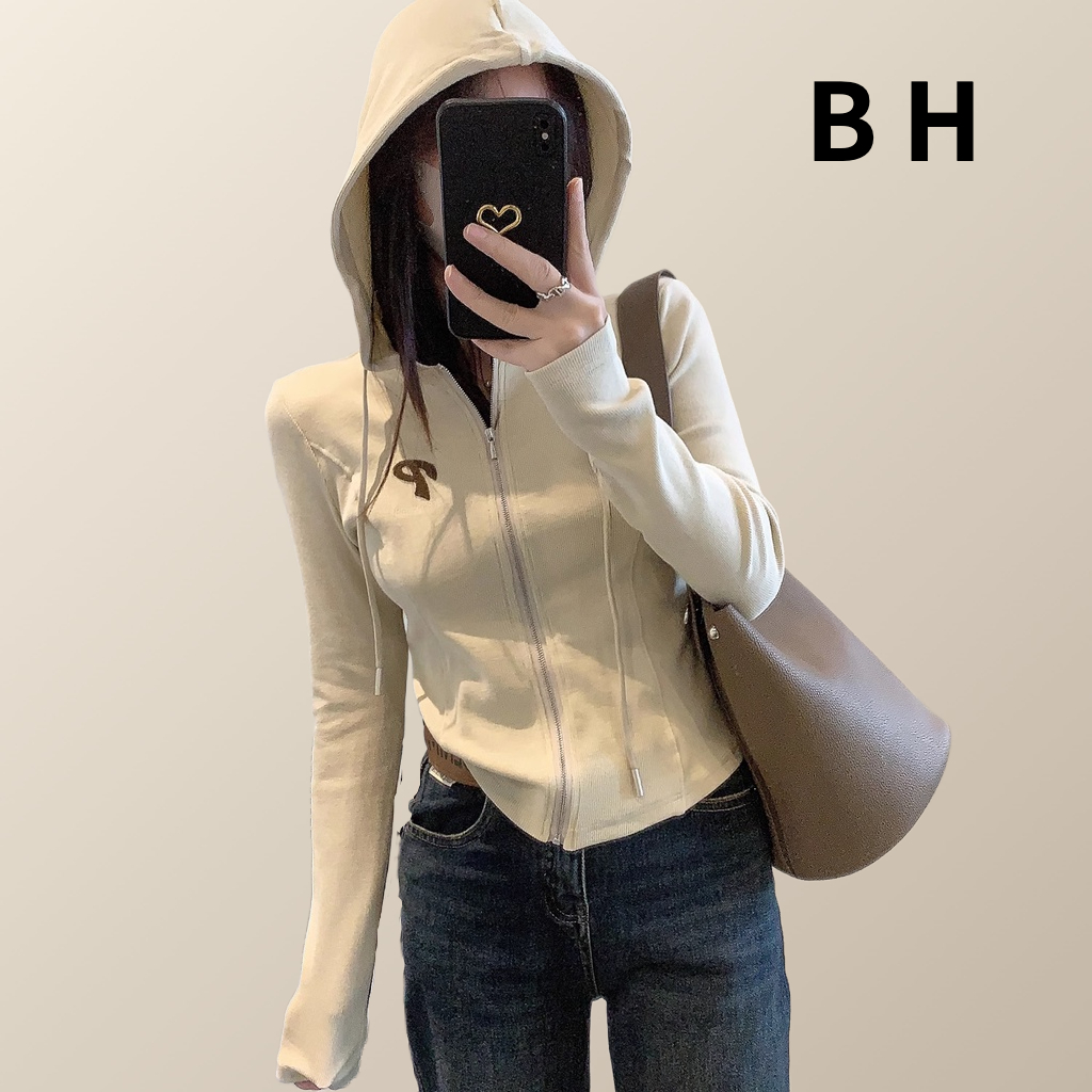Bh เสื้อแจ็กเก็ต มีฮู้ด ผ้าฝ้าย ปักลาย มีซิป ตัวสั้น แฟชั่นฤดูหนาว สําหรับผู้หญิง