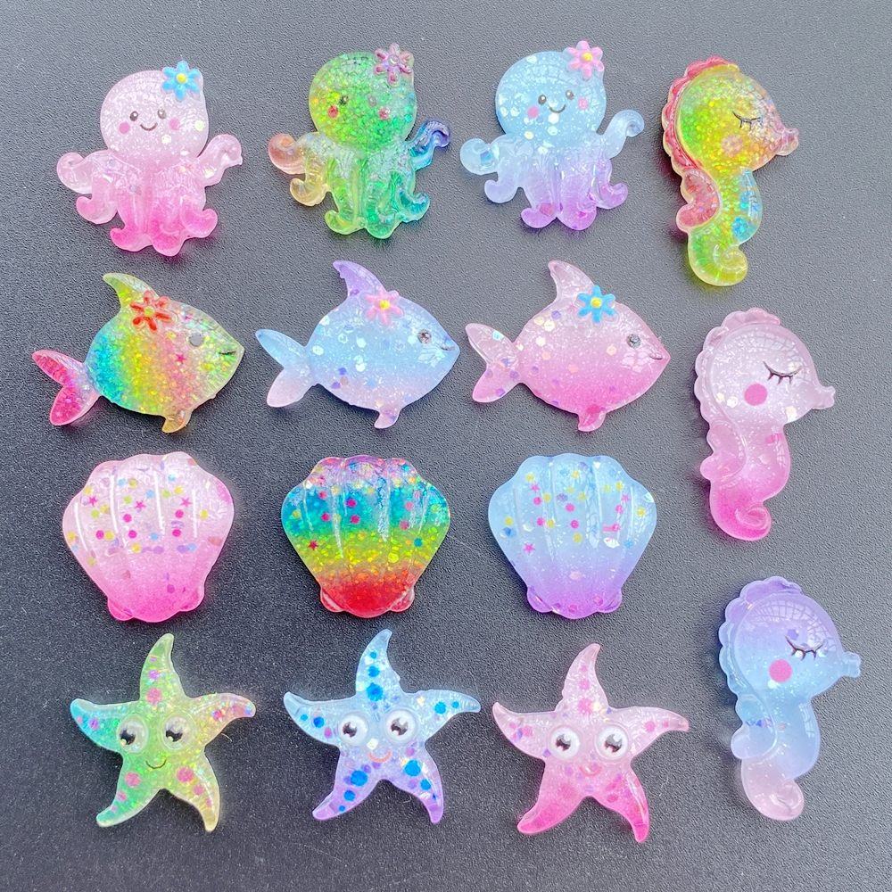 10 ชิ้นผสมการ์ตูนสีรุ้งธีมเรซินมหาสมุทร-ปลาดาว,เปลือกหอย,ม้าน้ํา,ปลาเล็ก