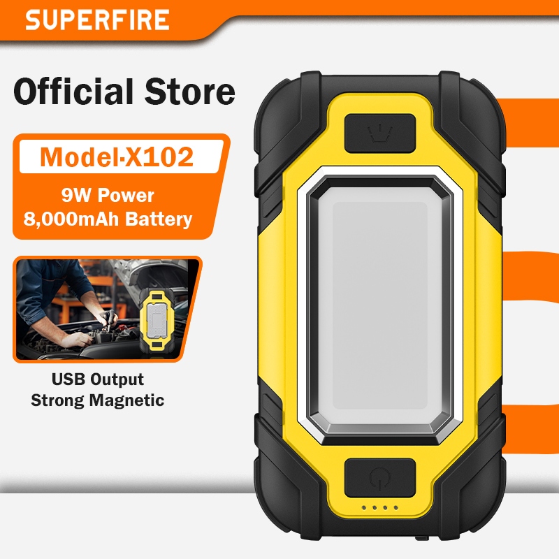 SUPERFIRE X102 USB ชาร์จไฟฉาย LED แบบพกพา COB ทํางานปรับกันน้ํา Camping โคมไฟแม่เหล็กออกแบบ