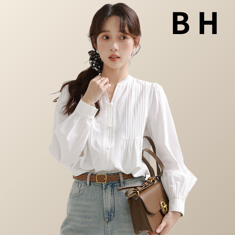 Bh เสื ้ อเชิ ้ ตแขนยาวผู ้ หญิงโคมไฟสีขาวสไตล ์ ฝรั ่ งเศสพร ้ อมเสื ้ อแขนยาวคอวี