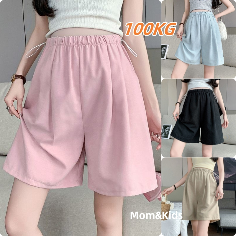แม่ & เด็ก ๆ 100กิโลกรัม กางเกงขาสั้นคนท้องขนาดใหญ่บางห้าจุดหลวม กางเกงคนท้องปรับได้
