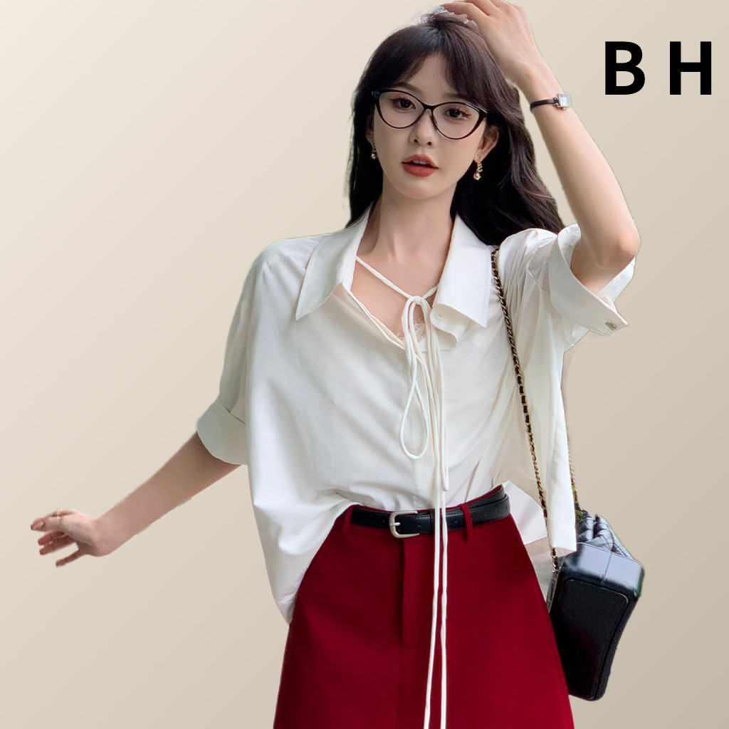 ข เสื้อเชิ้ตสีขาวผู้หญิงสไตล์เกาหลีกลางแขนพับคอปกลูกไม้ขึ้นรุ่นหลวม