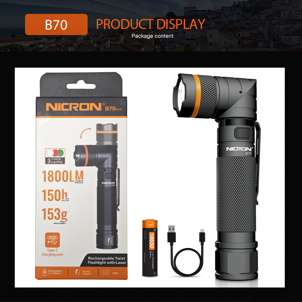 NICRON B70 / B70 พลัสไฟฉาย 90 °หมุนไฟฉายแบบชาร์จไฟหมุนคลิปแฮนด์ฟรี 1800/1200 ลูเมน 3 สีแสงกันน้ำ IP65 ไฟฉายแม่เหล็กที่แข็งแกร่ง - รูปที่ 7