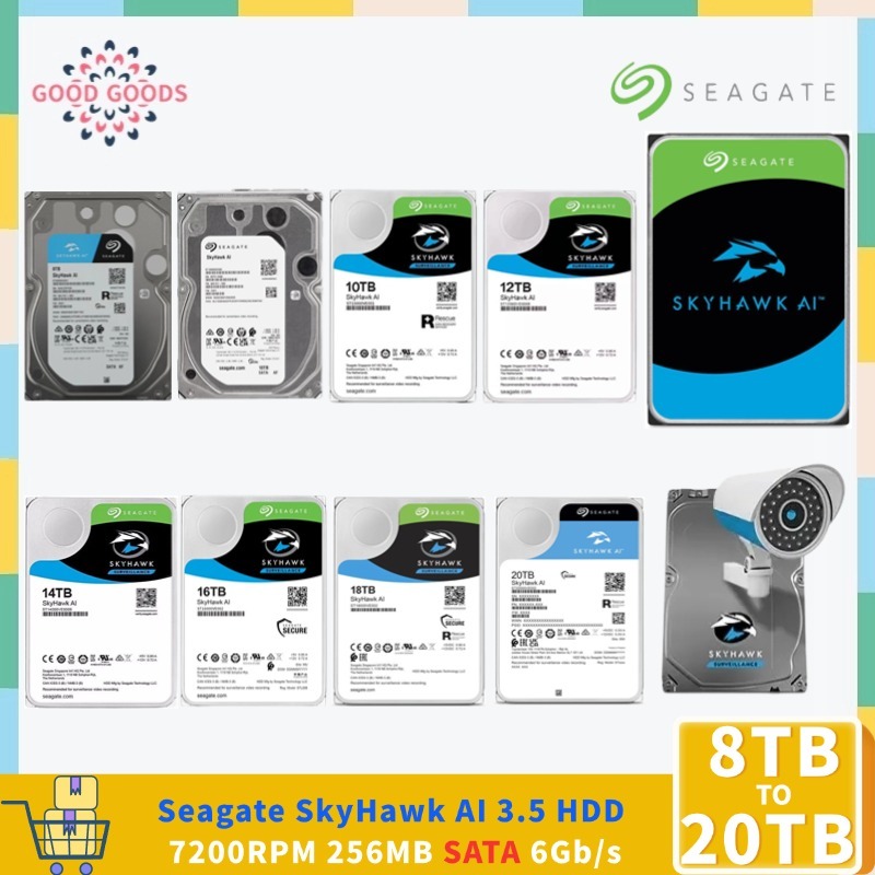 Seagate Skyhawk AI 8TB 10TB 12TB 14TB 16TB 18TB 20TB การเฝ้าระวังภายใน 3.5 HDD SATA 6 กิกะไบต์/วินาท