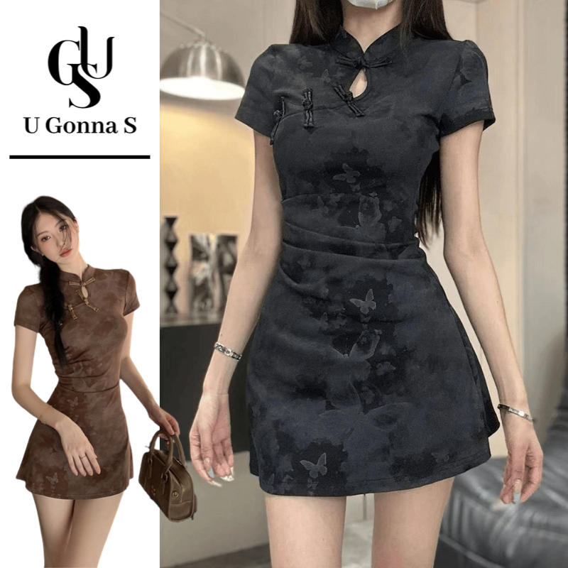 U Gonna S ชุดผู้หญิง Cheongsam แขนสั้นโมเดิร์นเซ็กซี่เหนือเข่าคอจีนแฟชั่น Elegant A-line 2025 อาหารค่ําแบบยืดได้ปาร์ตี้ดอกไม้