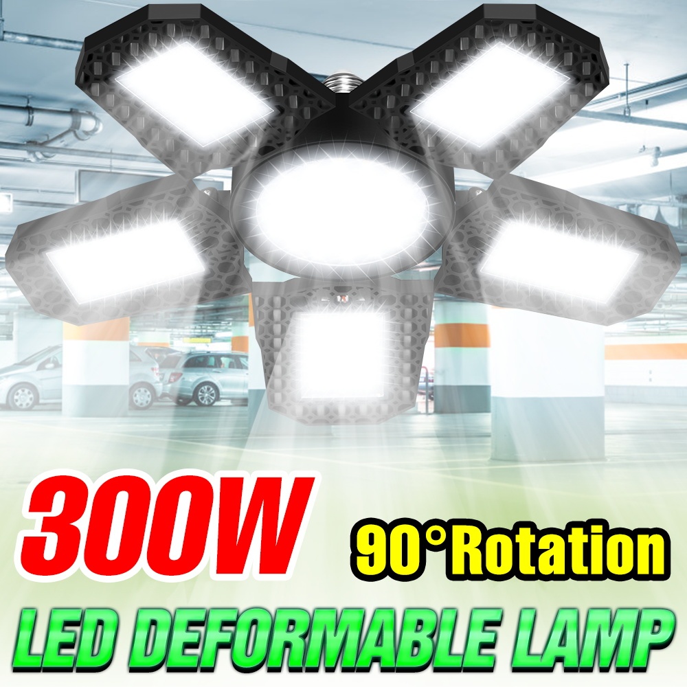 300W ไฟ LED โรงรถ E26/E27 Deformable คลังสินค้า Workshop โคมไฟ 100-277V ในร่มพับ Basements ที่จอดรถไม่มีริบหรี่แสงเชิงพาณิชย์พร้อม 5/4/3 แผงปรับได้ Cool/Warm