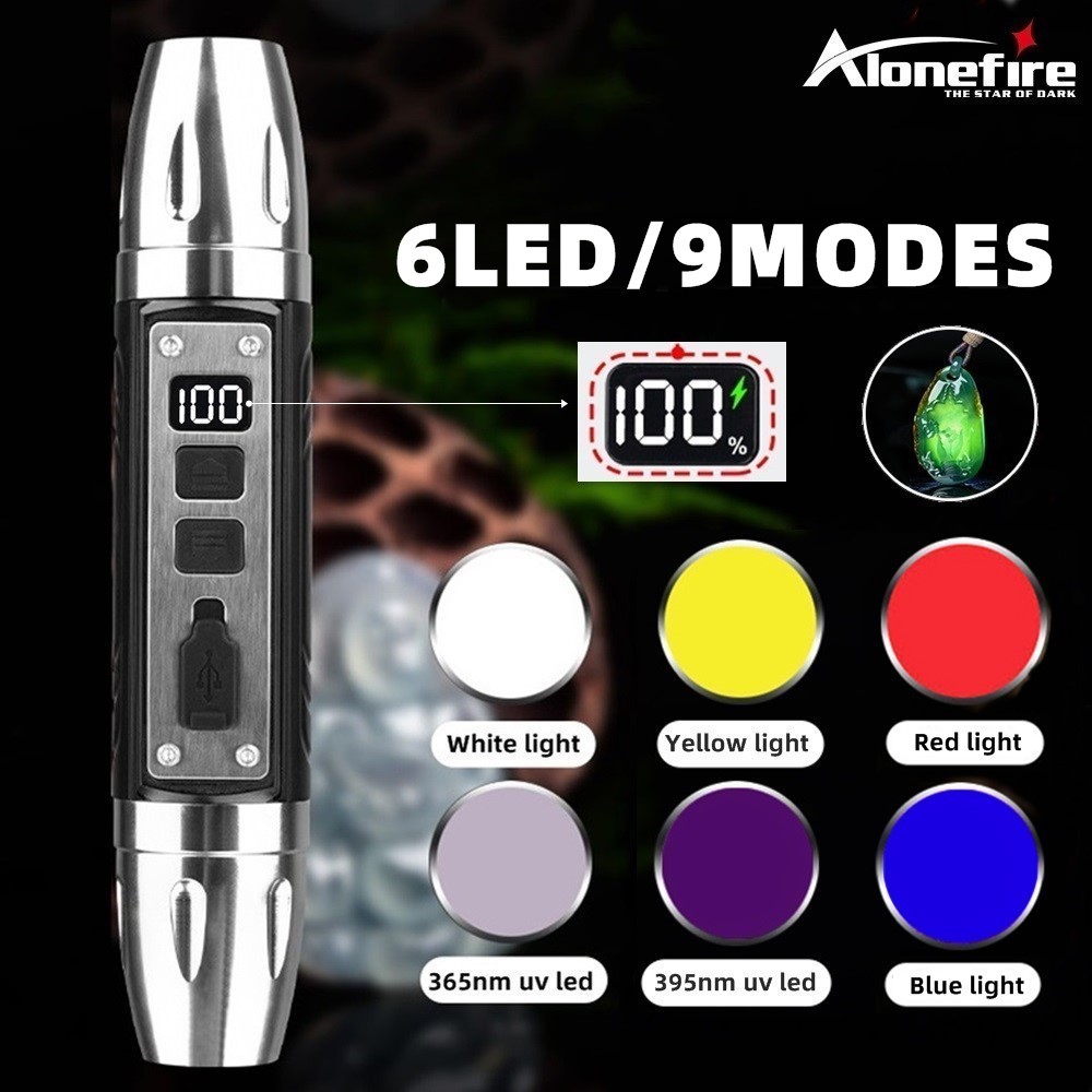 Alonefire SV106 6-in-1 สีขาว สีเหลือง สีแดง สีฟ้า UV 365nm/395nm LED LCD ไฟฉาย USB ชาร์จ เครื่องประดับ หยก หิน สัตว์เลี้ยง คราบ Marker Ore เงิน Scorpion Light