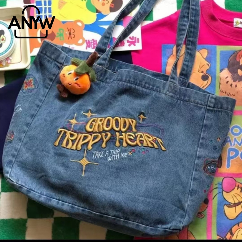 🚚【Preferred】 " Denim ความจุขนาดใหญ่ตัวอักษรเย็บปักถักร้อยผ้า Ziplock ผู้หญิงกระเป๋าถือถุงช้อปปิ้ง "🚚