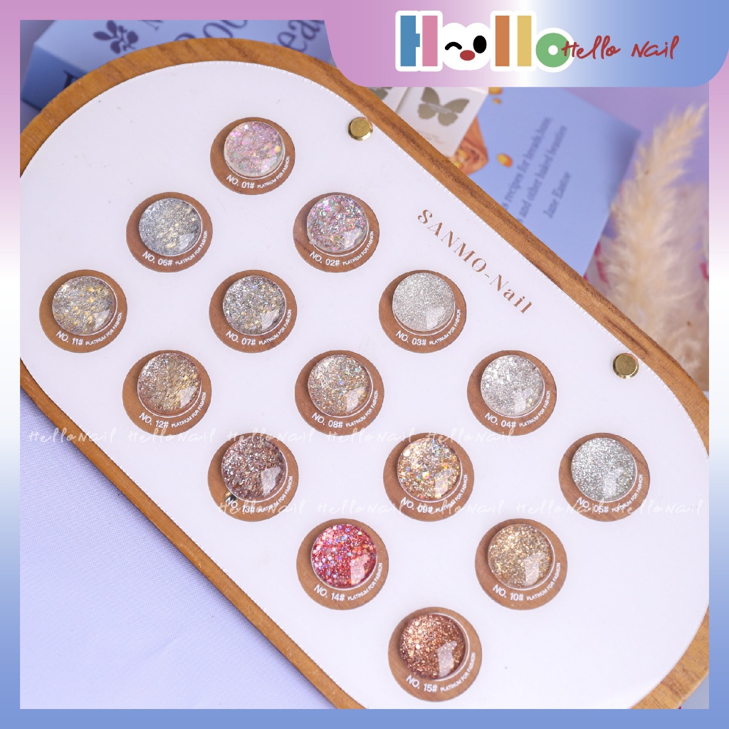 [กรุงเทพฯ พร้อมสต็อก] ซานโม่ 15 สี ดาว เพชร แพลทินัม ชุดแต่งเล็บ (ฟรีการ์ดสี) กาวเลื่อม กาวกากเพชร กาวยาทาเล็บยอดนิยม