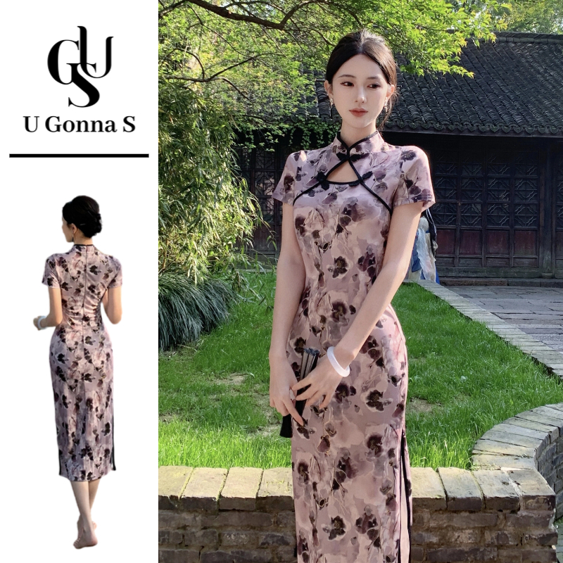 U Gonna S ชุดสตรียาว Cheongsam 2025 พร้อมผ่าข้างแขนสั้นพิธีจีนคอ Bodycon Elegant เซ็กซี่แฟชั่นยืด Party ชุดราตรีดอกไม้