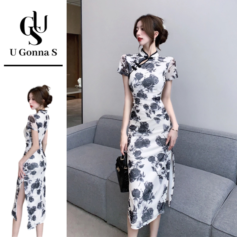 U Gonna S ชุดสตรียาว Cheongsam 2025 พร้อมผ่าข้างแขนสั้นพิธีจีน.Bodycon Elegant เซ็กซี่แฟชั่นยืดสำหรั