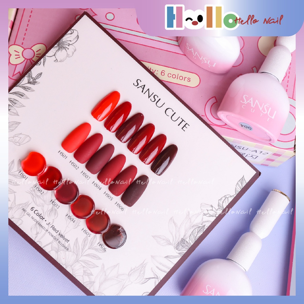 [กรุงเทพฯ พร้อม คลังสินค้า] ซานซู 6 สี ชุดแต่งเล็บกํามะหยี่สีแดง (ฟรีการ์ดระบายสี) กาวยาทาเล็บสีแดง แดงไวน์ เชอรี่เรด