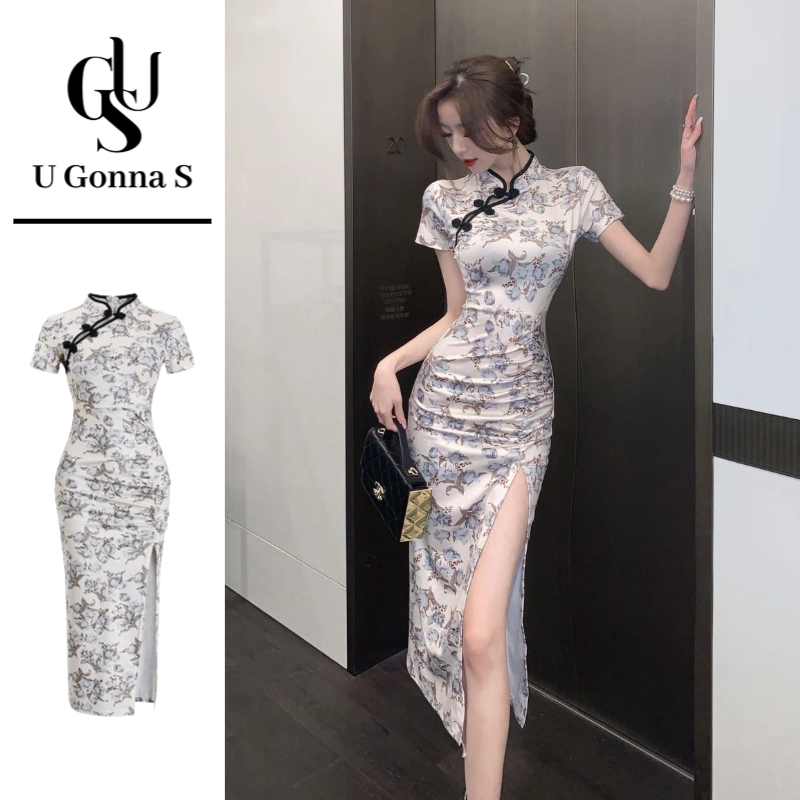 U Gonna S ชุดสตรียาว Cheongsam 2025 พร้อมผ่าข้างแขนสั้นพิธีจีน Bodycon Elegant เซ็กซี่แฟชั่นยืด Party ชุดราตรีดอกไม้