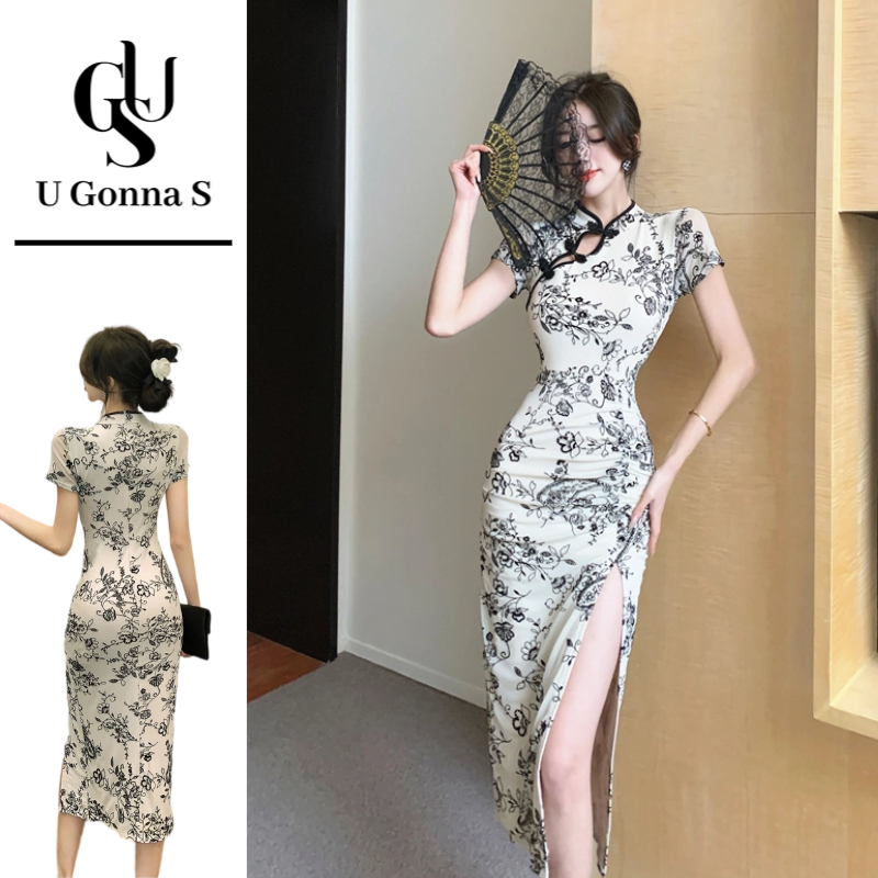 U Gonna S ชุดยาว Cheongsam สำหรับผู้หญิง ปี 2025 แขนสั้น คอพิธีจีน Bodycon Elegant เซ็กซี่ ยืดหยุ่น ชุด.party ราตรีดอกไม้