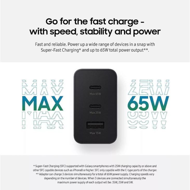 ชาร์จเร็วที่สุด Sansung Power Adapter Trio 65w ชุดชาร์จเข้ากันได้กับ Galaxy fast charger TYPE C to TYPE-C to USB