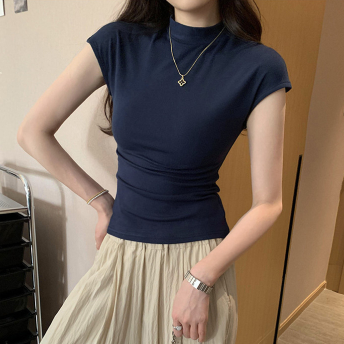 【WJZ】เสื้อยืดแขนสั้นทรงสลิมสีทึบคอสูงครึ่งตัวผู้หญิงเกาหลี【P36】