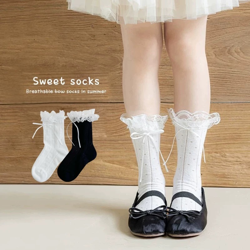 พร้อมสต็อก ยุโรปสไตล์อเมริกันสาวถุงเท้าฤดูร้อนบางผ้าฝ้ายแท้เด็กลูกไม้ถุงเท้าเด็กถุงเท้าเจ้าหญิงฤดูร้อนตาข่ายเด็กสาวกลางหลอดถุ