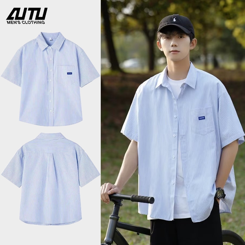 AUTU เสื้อผู้ชาย ลายทาง ฤดูร้อน ใหม่ สไตล์หลวม บาง ระบายอากาศได้ดี สไตล์ญี่ปุ่น ลำลอง คุณภาพสูง ผู้ชายและผู้หญิงใส่ได้