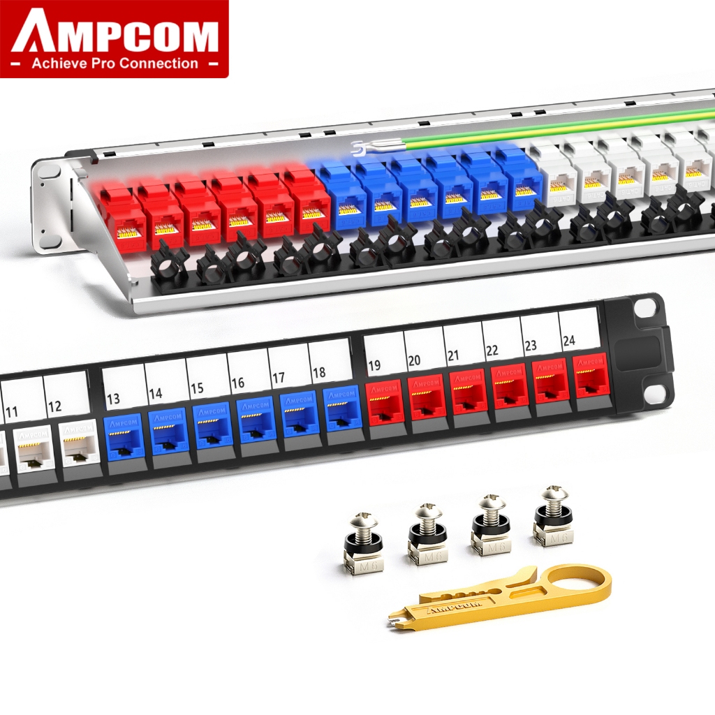 AMPCOM 1U 24-Port Keystone Patch Panel, แบบยึดแร็คพร้อมแถบจัดการสายเคเบิลด้านหลัง, โหลดเต็ม 24 ชิ้น หัวต่อ Keystone CAT6/CAT6A แบบไม่มีชีลด์ Pass-Through
