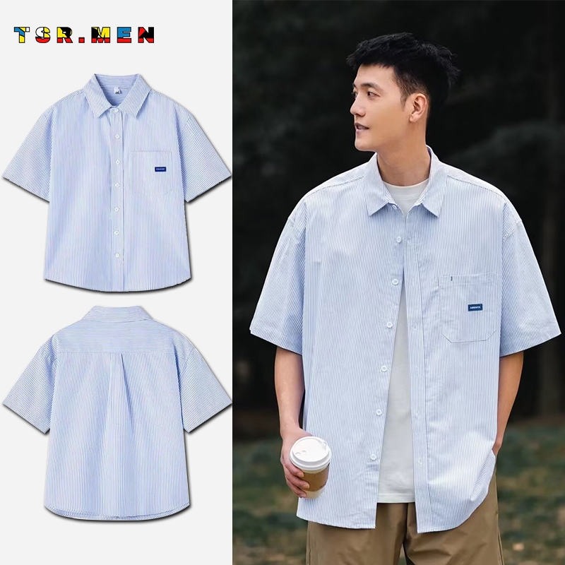 TSR.Men เสื้อเชิ้ตผู้ชาย แขนสั้น ลายทางสีฟ้า ทรงหลวม ใส่สบาย สไตล์ลำลองญี่ปุ่น สไตล์วิทยาลัย เทรนด์แฟชั่น