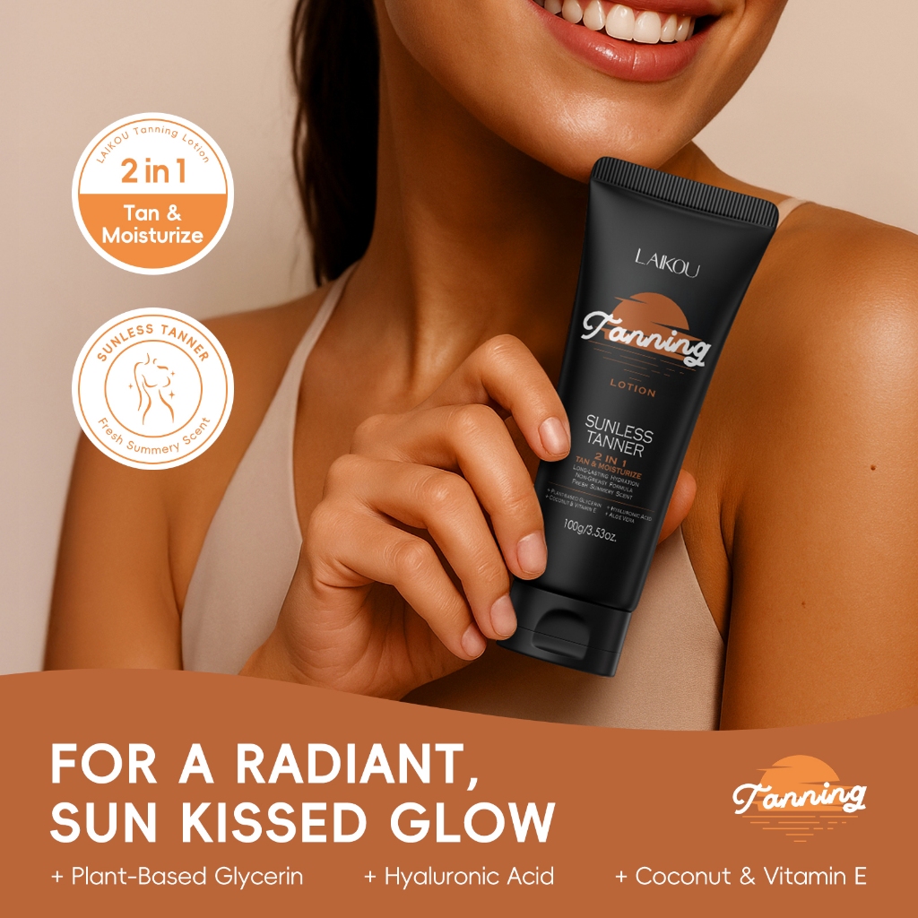 LAIKOU Tanning Lotion 2in1 Tan&Moisturizer Sunless Tanner 100g Long-lasting Hydration Radiant Sun Kissed Glow