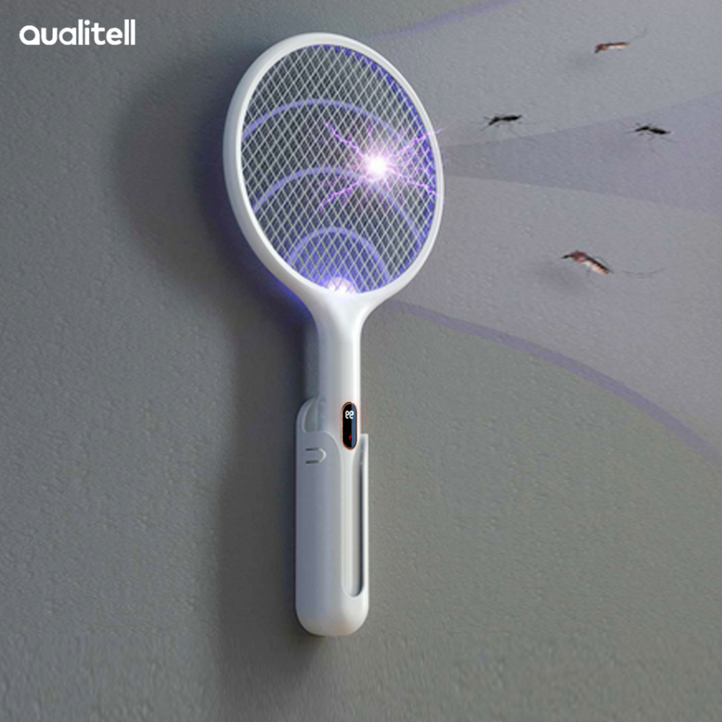 Qualitell ไม้ตียุงไฟฟ้าพร้อมหน้าจอ LED เครื่องฆ่ายุงแบบใช้มือถือติดผนังแมลง Fly Bug