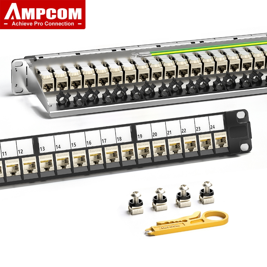 AMPCOM 1U 24-Port Keystone Patch Panel, STP แบบยึดแร็คพร้อมแถบจัดระเบียบสายเคเบิลด้านหลัง, โหลดเต็ม 24 ชิ้น หัวต่อ Keystone CAT7/6A/6 แบบมีชีลด์ ชนิด Pass-Through