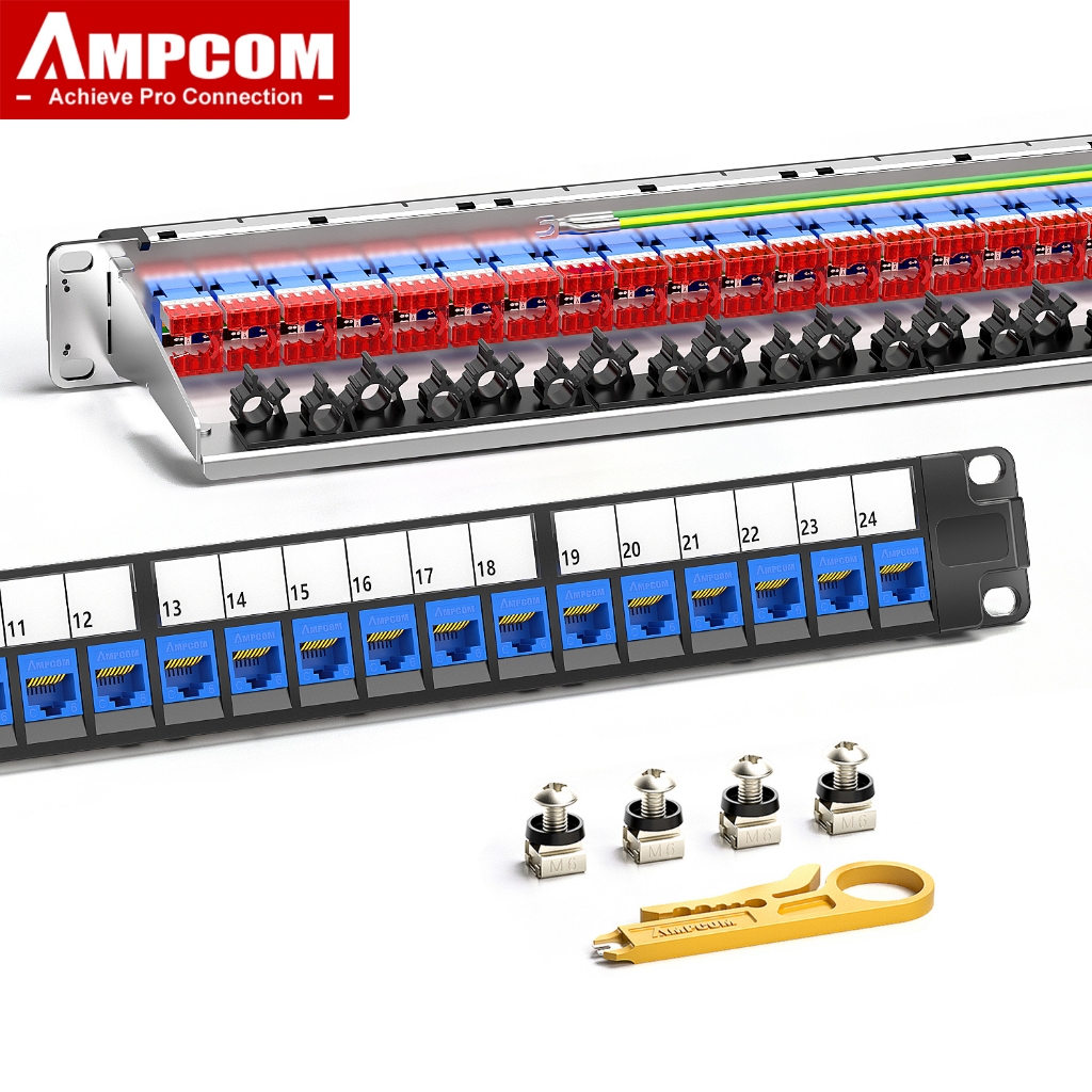 AMPCOM 1U 24-Port UTP Keystone Patch Panel, แบบยึดแร็คพร้อมแถบจัดระเบียบสายเคเบิลด้านหลัง, โหลดเต็ม 24 ชิ้น หัวต่อ Keystone CAT6 แบบไม่มีชีลด์ 180° แบบ Punch Down