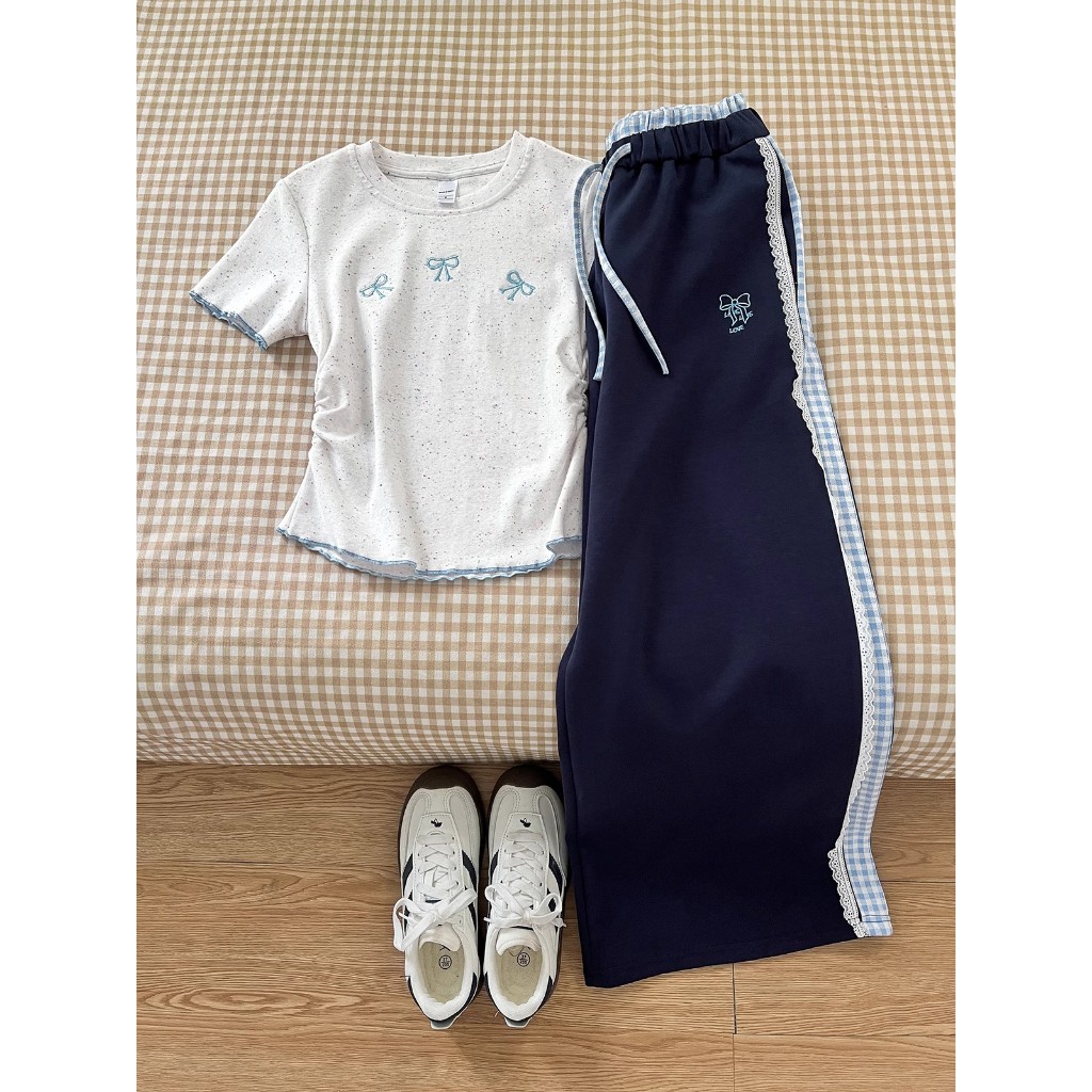 【BANKO】เวอร์ชั่นเกาหลีฤดูร้อนผู้หญิงหลวมน้ําเงินลายสก๊อตเย็บกางเกงลําลอง