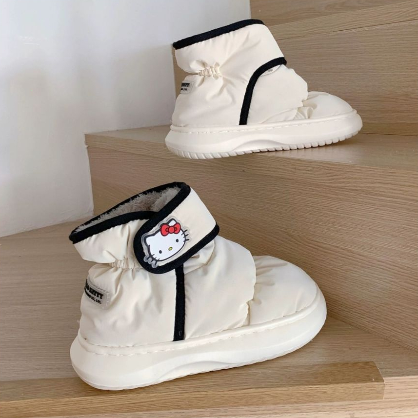 Xitiao Sanrio Hello Kitty การจับคู่สีสร้างสรรค์ Velcro รองเท้าผ้าฝ้ายขนมปังกันน้ําให้ความอบอุ่นผู้หญิง - รูปที่ 6