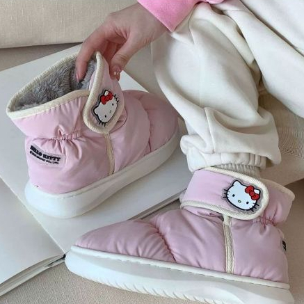 Xitiao Sanrio Hello Kitty การจับคู่สีสร้างสรรค์ Velcro รองเท้าผ้าฝ้ายขนมปังกันน้ําให้ความอบอุ่นผู้หญิง - รูปที่ 7