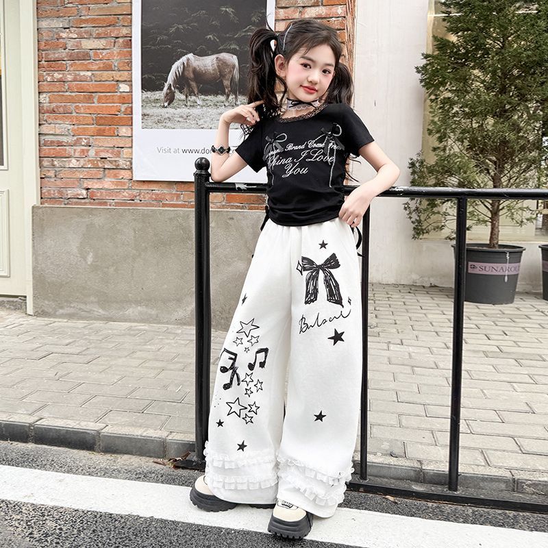 สาวลูกไม้ตะวันตกโบว์สูทแฟชั่นเย็นฮิปฮอปฤดูร้อนกางเกงขากว้างแขนสั้นชุดสองชิ้นน้ํา