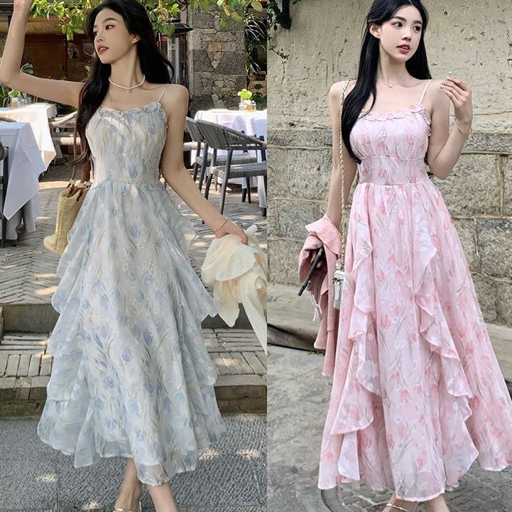 ชุดสูทสองชิ้นใหม่ * ชุดลูกไม้ ผอมลง ดูอารมณ์กระโปรงยาวฝรั่งเศสเอวแคบดอกไม้ฤดูร้อนย้อนยุคกลางความยาวหวาน